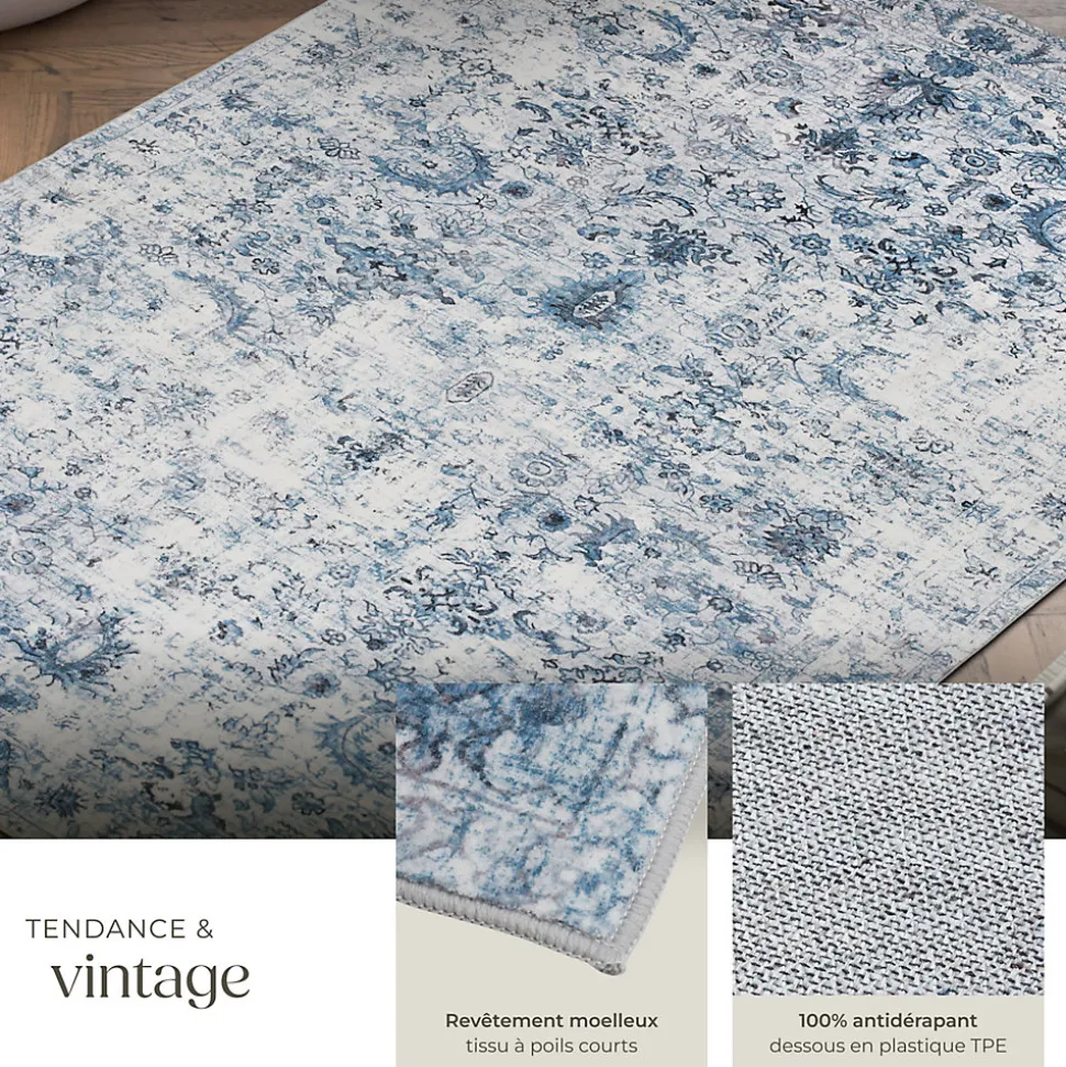 Tapis vintage design à poils courts en laine synthétique et feutre résistant et lavable