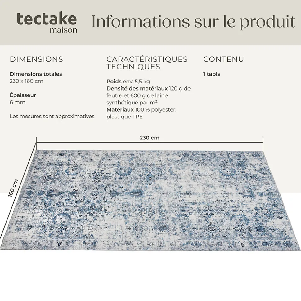 Tapis vintage design à poils courts en laine synthétique et feutre résistant et lavable