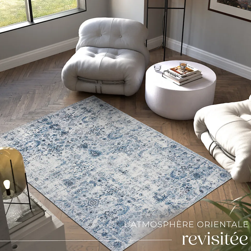 Tapis vintage design à poils courts en laine synthétique et feutre résistant et lavable