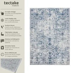 Tapis vintage design à poils courts en laine synthétique et feutre résistant et lavable