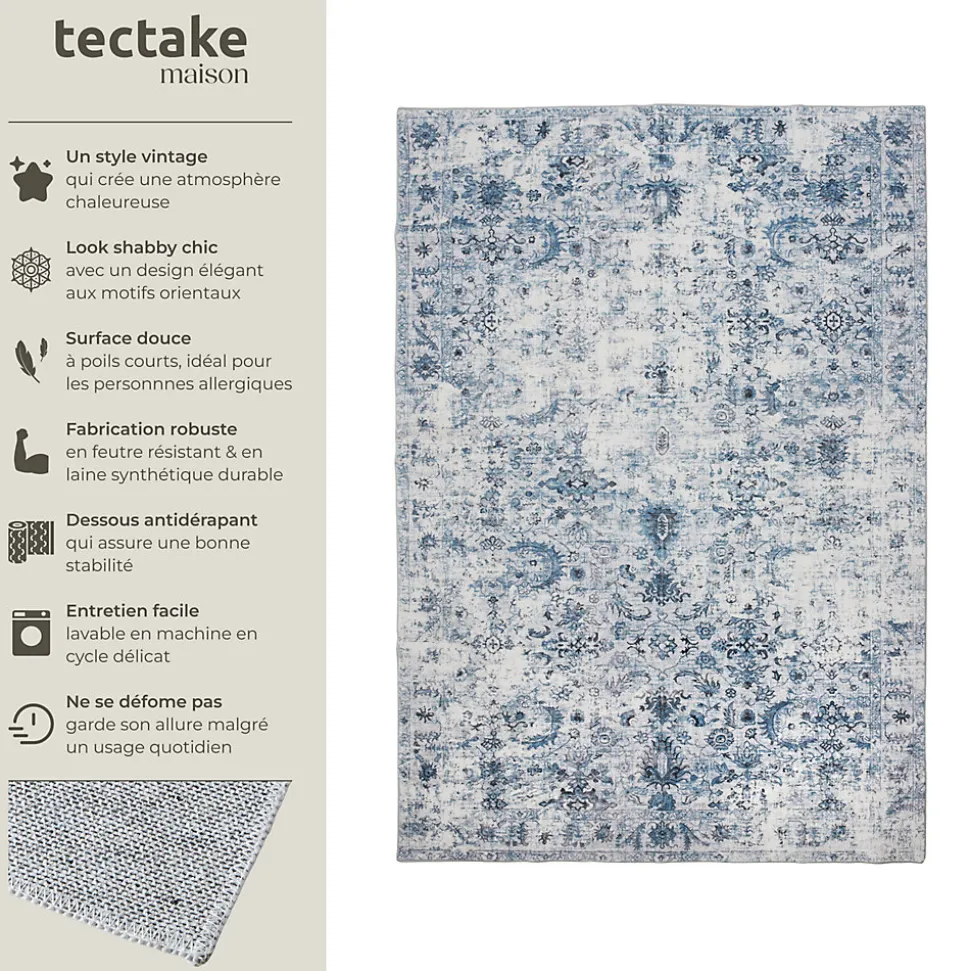 Tapis vintage design à poils courts en laine synthétique et feutre résistant et lavable