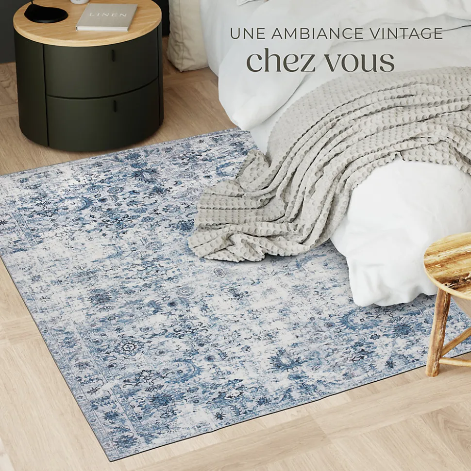 Tapis vintage design à poils courts en laine synthétique et feutre résistant et lavable