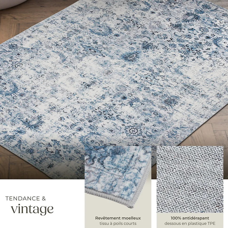 Tapis vintage design à poils courts en laine synthétique et feutre résistant et lavable