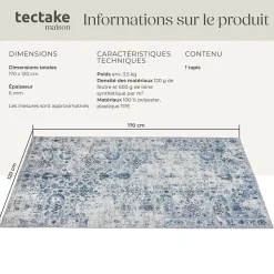 Tapis vintage design à poils courts en laine synthétique et feutre résistant et lavable