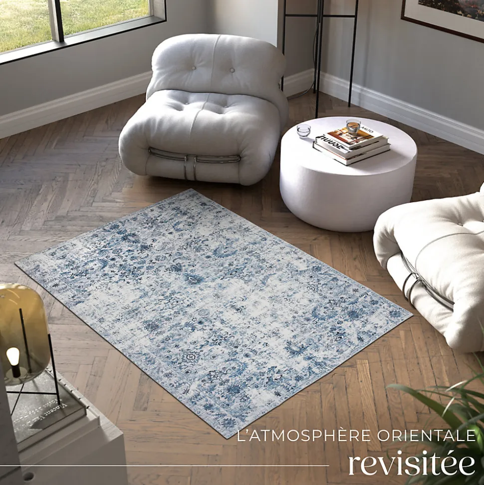 Tapis vintage design à poils courts en laine synthétique et feutre résistant et lavable