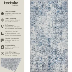 Tapis vintage design à poils courts en laine synthétique et feutre résistant et lavable