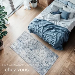 Tapis vintage design à poils courts en laine synthétique et feutre résistant et lavable