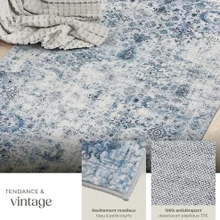 Tapis vintage design à poils courts en laine synthétique et feutre résistant et lavable