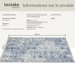 Tapis vintage design à poils courts en laine synthétique et feutre résistant et lavable