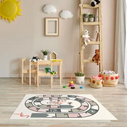 Tapis vinyle motif jeu de l'oie rose, gris et blanc L.95 x l.66 cm x ep. 2 mm