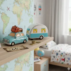 Tirelire en céramique voiture et caravane