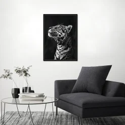 Toile encadrée léopard de profil noir et blanc, brillant, cadre noir 50 x 70cm Dada Art