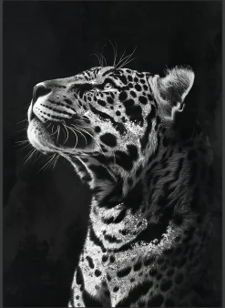 Toile encadrée léopard de profil noir et blanc, brillant, cadre noir 50 x 70cm Dada Art