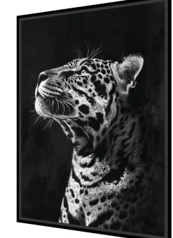 Toile encadrée léopard de profil noir et blanc, brillant, cadre noir 50 x 70cm Dada Art