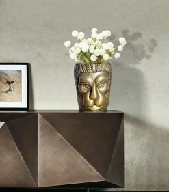 Vase Déco Tête de Lion 21 cm Aluminium Doré Fleurs Moderne Intérieure FineBuy