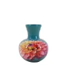 Vase en métal laqué turquoise fleuri h13,5cm