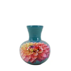 Vase en métal laqué turquoise fleuri h13,5cm