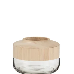 Vase rond en bois et verre H18cm