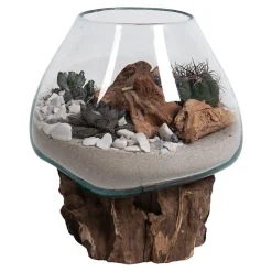 Vase sur socle bois en verre transparent 18x20 cm
