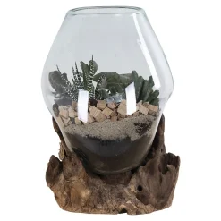 Vase sur socle bois en verre transparent 18x20 cm