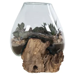Vase sur socle bois en verre transparent 18x20 cm