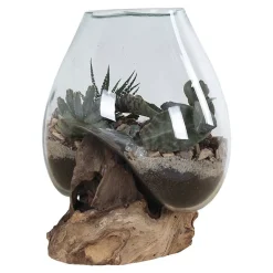 Vase sur socle bois en verre transparent 18x20 cm