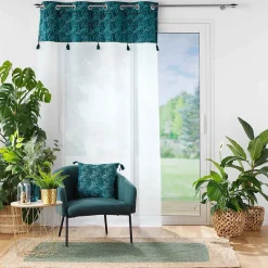 Voilage à œillets Palmina Bleu 140 x 240 cm Voile sablé et haut velours feuillage