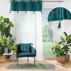 Voilage à œillets Palmina Bleu 140 x 240 cm Voile sablé et haut velours feuillage