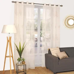 Voilage à œillets étamine broderie petites feuilles blanc ivoire L.240 x l.140cm Dylrev