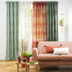 Voilage rayé fils chenille - Effet lin (140x240 cm - Vert)
