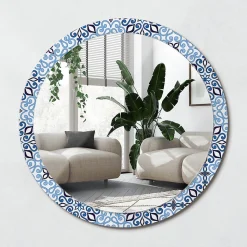 XXL Miroir Rond Cadre Verre Wallfluent fi100 cm Motif Arabe Bleu Décoration Murale Premium Sécurisé