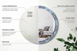 XXL Miroir Rond Cadre Verre Wallfluent fi100 cm Motif Arabe Bleu Décoration Murale Premium Sécurisé