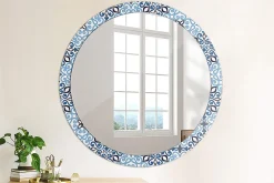 XXL Miroir Rond Cadre Verre Wallfluent fi100 cm Motif Arabe Bleu Décoration Murale Premium Sécurisé
